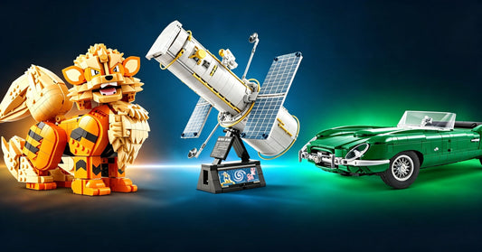 Cover collage for August 2026 LEGO upcoming sets preview featuring LEGO 72160 Arcanine, 11382 Hubble Space Telescope and 11381 Jaguar E-Type, ©2026 The LEGO Group (Arcanine: ©2026 Pokémon, Hubble: NASA)