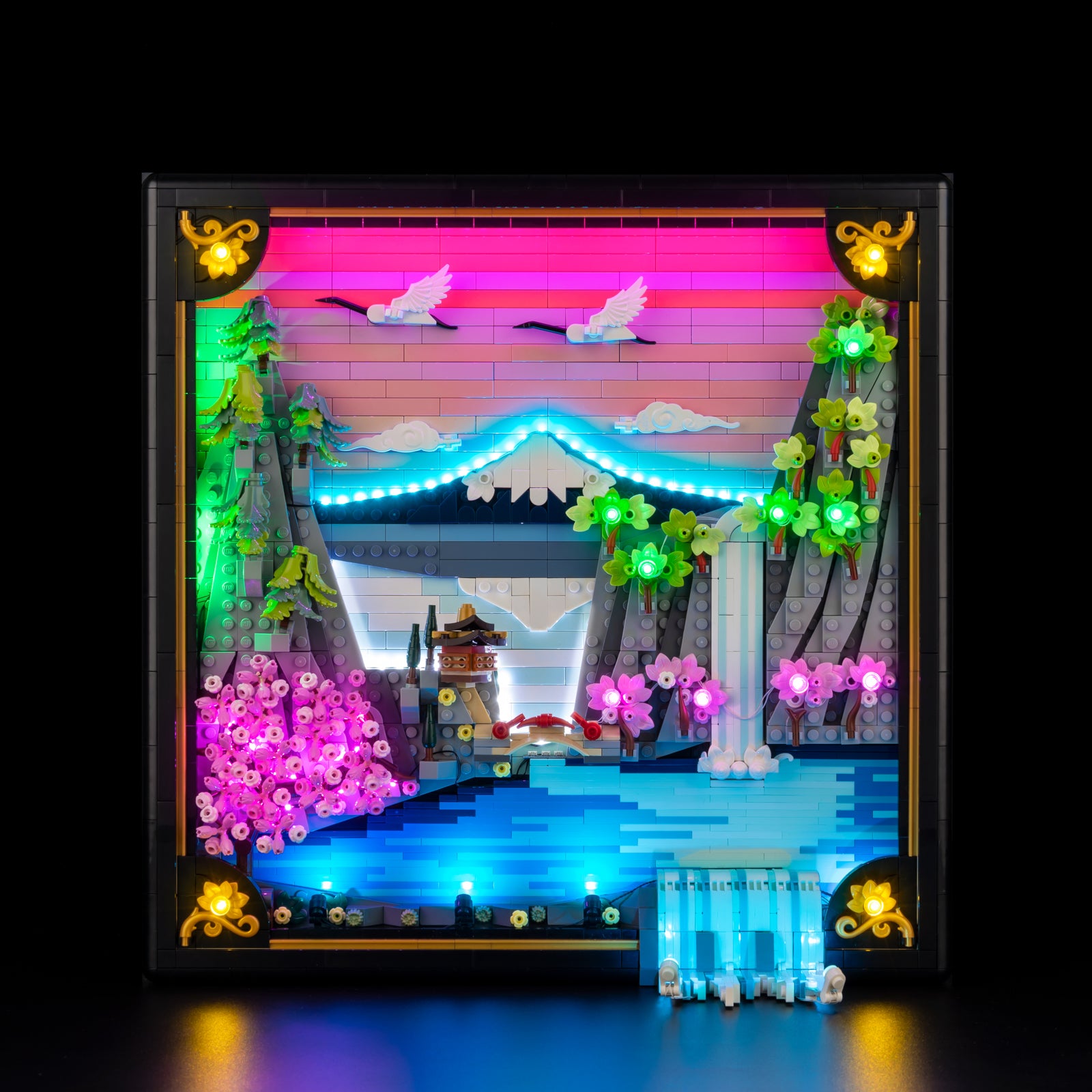 Front view of the assembled Japanese Cherry Blossom Landscape LEGO lighting