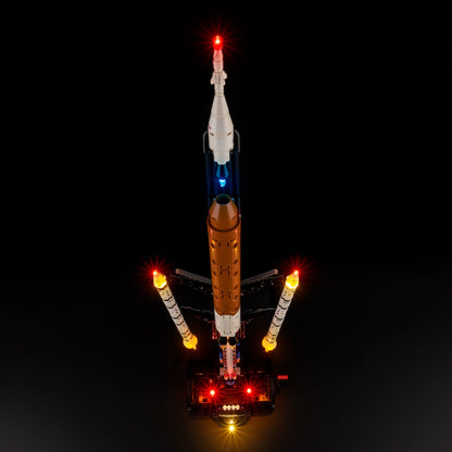 Light Kit for LEGO NASA Artemis Space Launch System Rocket 42221 - base close-up with four astronaut minifigures and SLS nameplate