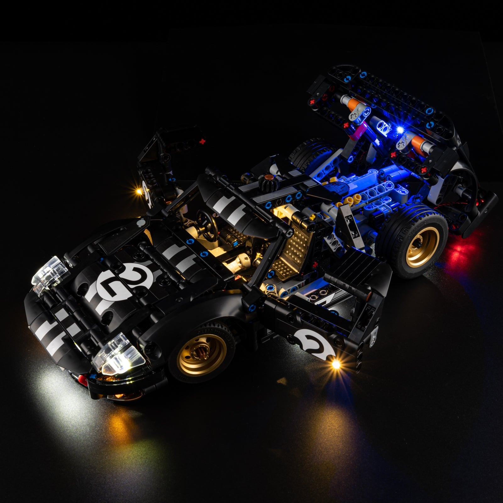 Light Kit for LEGO 1966 Ford GT40 MKII Race Car 42223 - rear view with red taillights and dual exhausts illuminated
