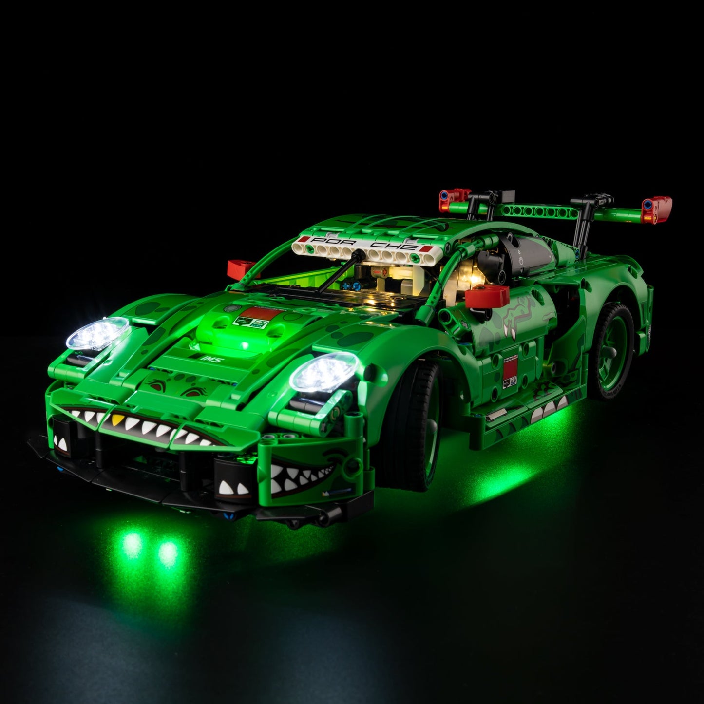 Light Kit for LEGO Porsche 911 GT3 R REXY AO Racing Car 42224 - top-down rear view with green body and red taillights