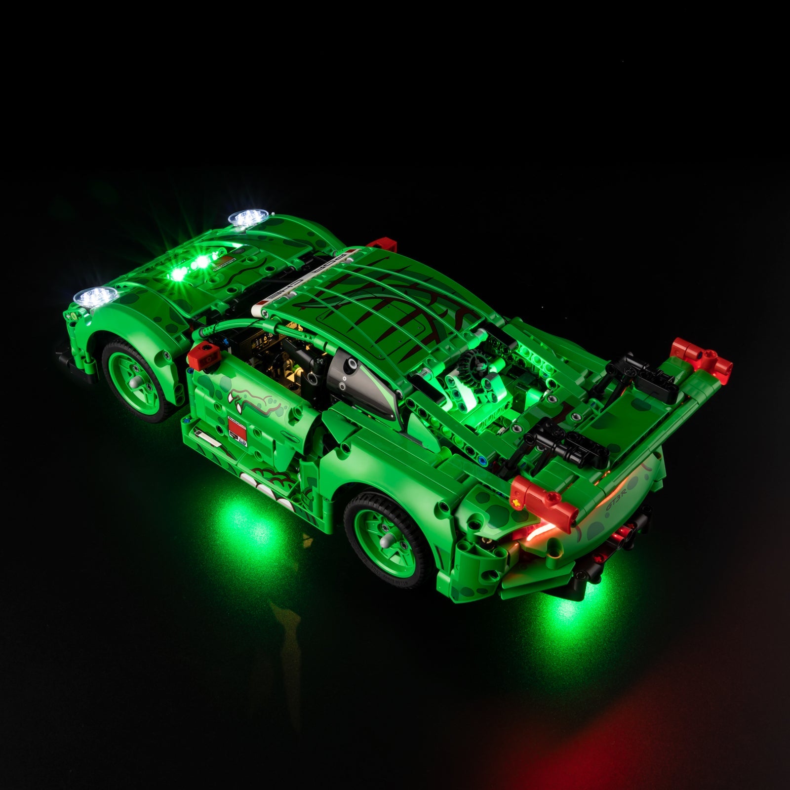 Light Kit for LEGO Porsche 911 GT3 R REXY AO Racing Car 42224 - engine bay under open hood with warm amber glow