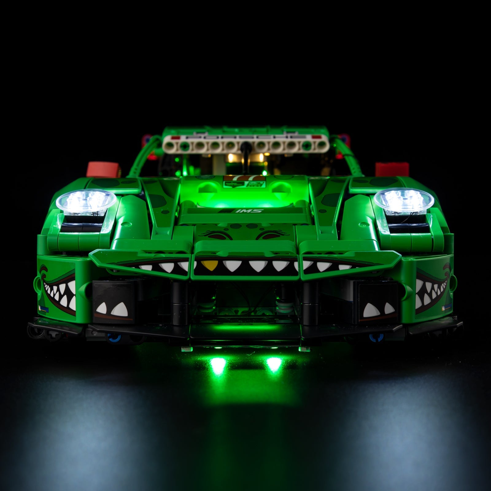 Light Kit for LEGO Porsche 911 GT3 R REXY AO Racing Car 42224 - side profile with green dinosaur livery illuminated