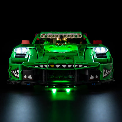 Light Kit for LEGO Porsche 911 GT3 R REXY AO Racing Car 42224 - side profile with green dinosaur livery illuminated
