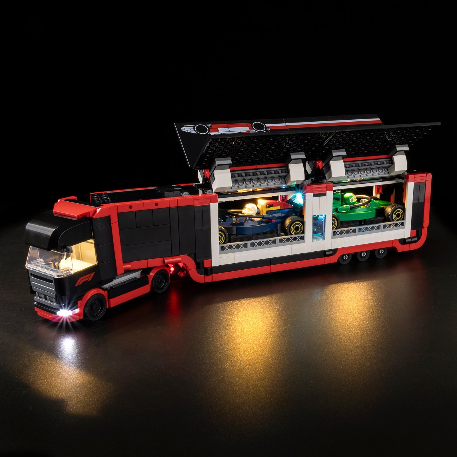 Light Kit For LEGO F1 Truck with RB20 and AMR24 F1 Cars 60445 - 60445-F1-Truck-with-RB20-and-AMR24-F1-Cars-1-on (lights on)