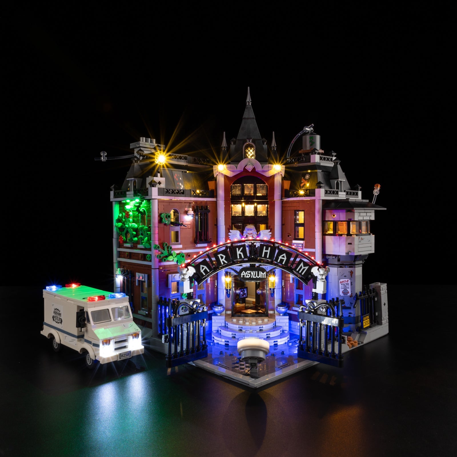 Light Kit For LEGO Arkham Asylum 76300 - 76300-Arkham-Asylum-1-on (lights on)