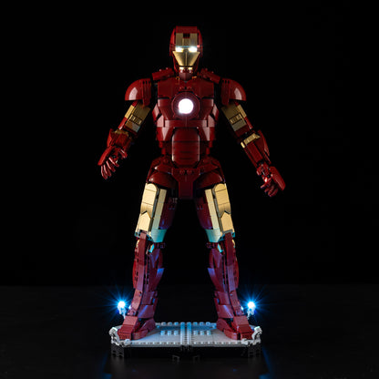 Front view of the assembled Iron Man Mark 3 Collectors' Edition LEGO lighting