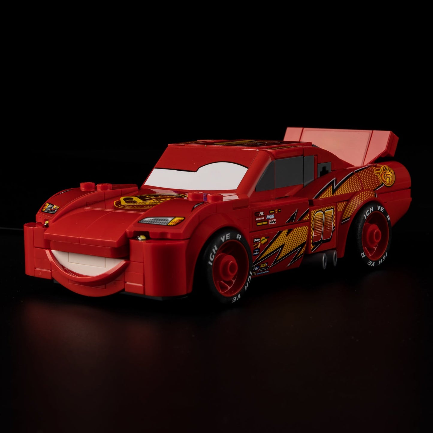 Light Kit for LEGO Lightning McQueen 77255 - full car view with headlights and front smile LED glowing