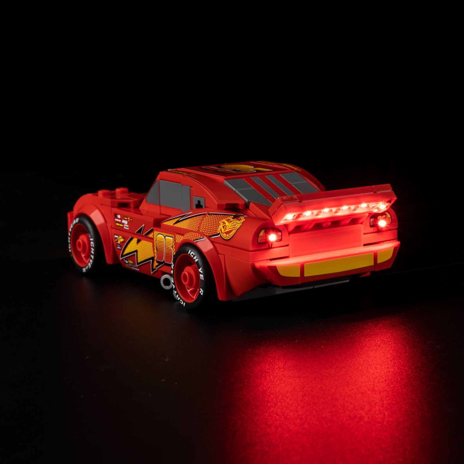 Light Kit for LEGO Lightning McQueen 77255 - rear view with red LED taillight bar and yellow stripes