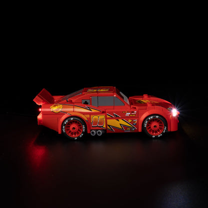 Light Kit for LEGO Lightning McQueen 77255 - side profile with Rust-eze decals and lightning bolts