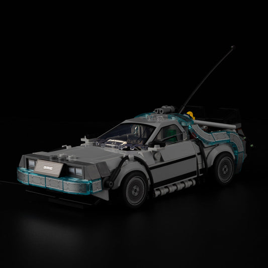 Light Kit for LEGO DeLorean Time Machine 77256 - front three-quarter view with gull-wing door and blue underglow