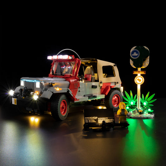Front view of the assembled Jurassic Park Jeep® Wrangler LEGO lighting